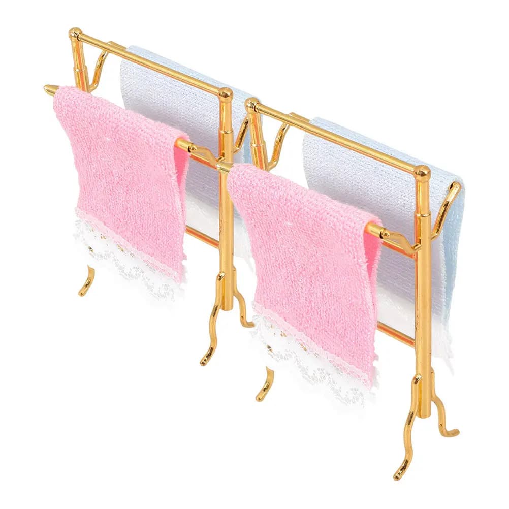 2Sets Miniature Towel Rack Set Functional Mini Shelf for Dollhouse Bathroom Decor Towel Organizer Drying Rack Miniature