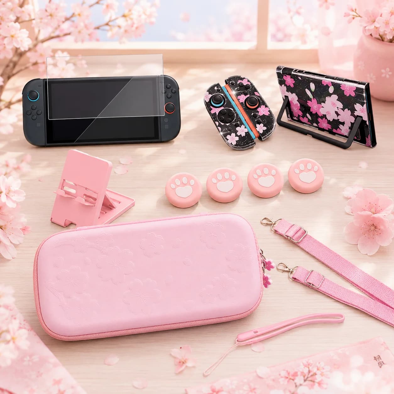 Custodia da Viaggio Rosa per Accessori Nintendo Switch 2, Borsa da Trasporto Carina Sakura Poch con Tracolla, Supporto e Pellicola Protettiva in Vetro Temperato