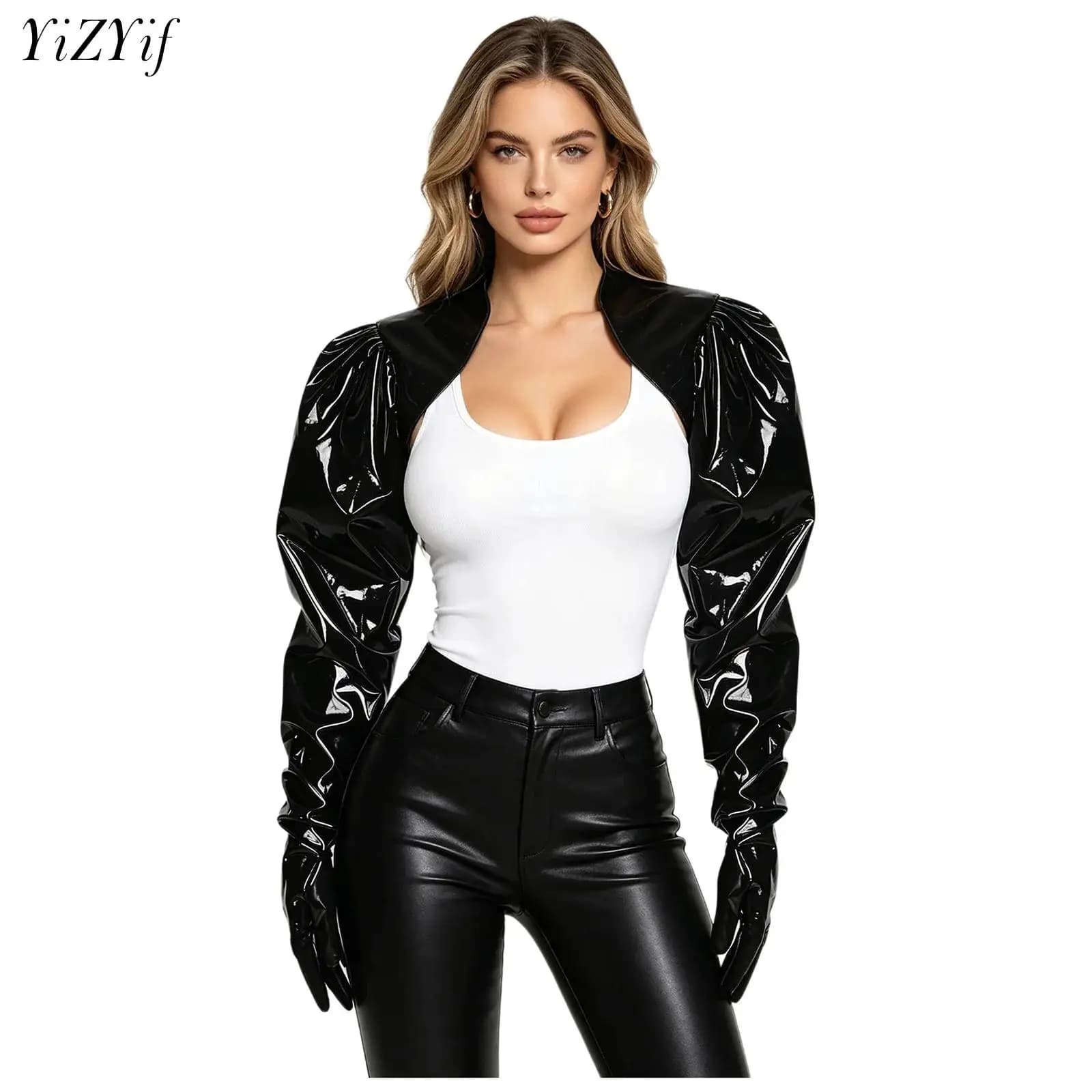 Cardigan Corto da Donna in Pelle PU Effetto Bagnato, Giacca a Maniche Lunghe a Sbuffo, Sciarpa con Guanti, per Feste e Clubwear