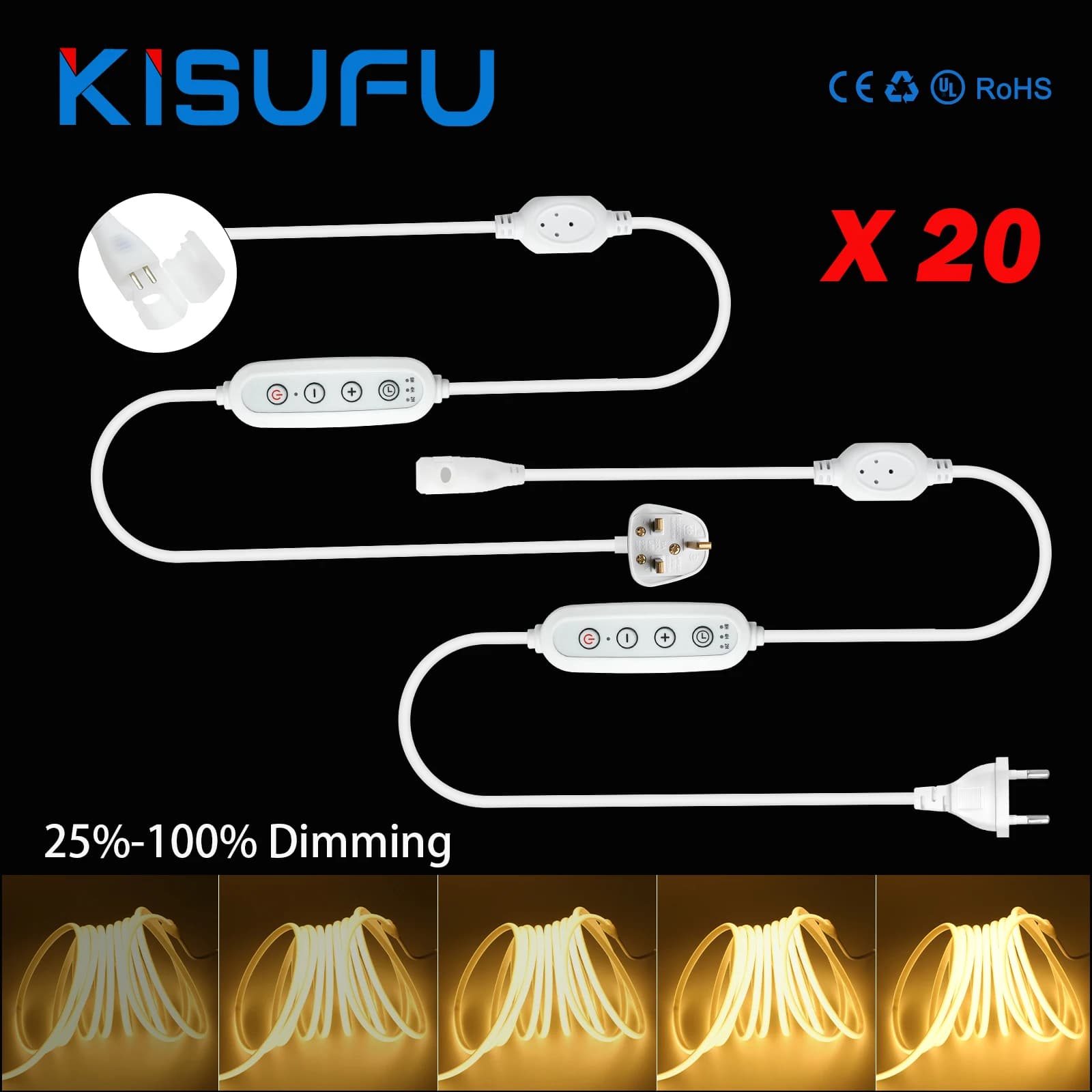 20/10/5 Pezzi Interruttore Dimmerabile con Spina di Alimentazione per Strisce LED COB 220V 110V 1-50M Larghezza 6mmX10mm, con Timer, Cavo 1M
