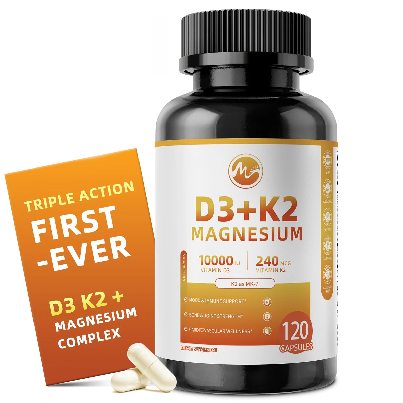 Magnesium capsules of vitamin D3 K2 10000IU D3+240mcg K2 Vitamin supplement for bone regeneration, support for immune health