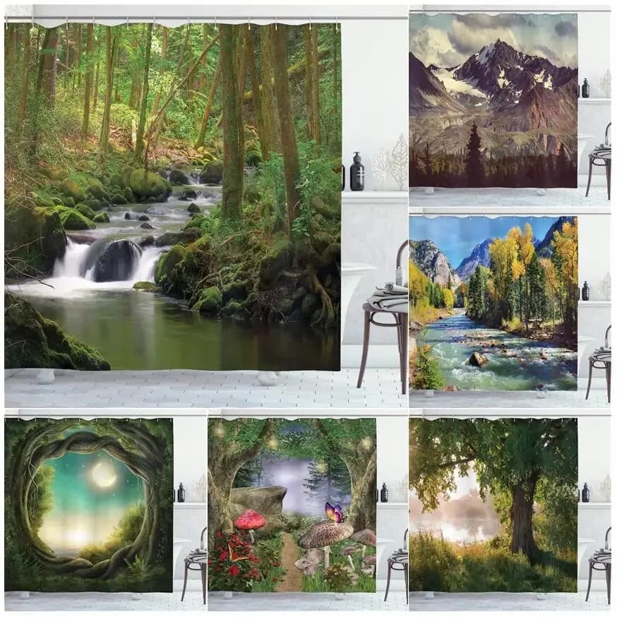 Tende da doccia naturali che scorre nella foresta, rocce musulmane, alberi, fogliame, spruzzi, tessuto paesaggio, set di decorazioni per il bagno con ganci