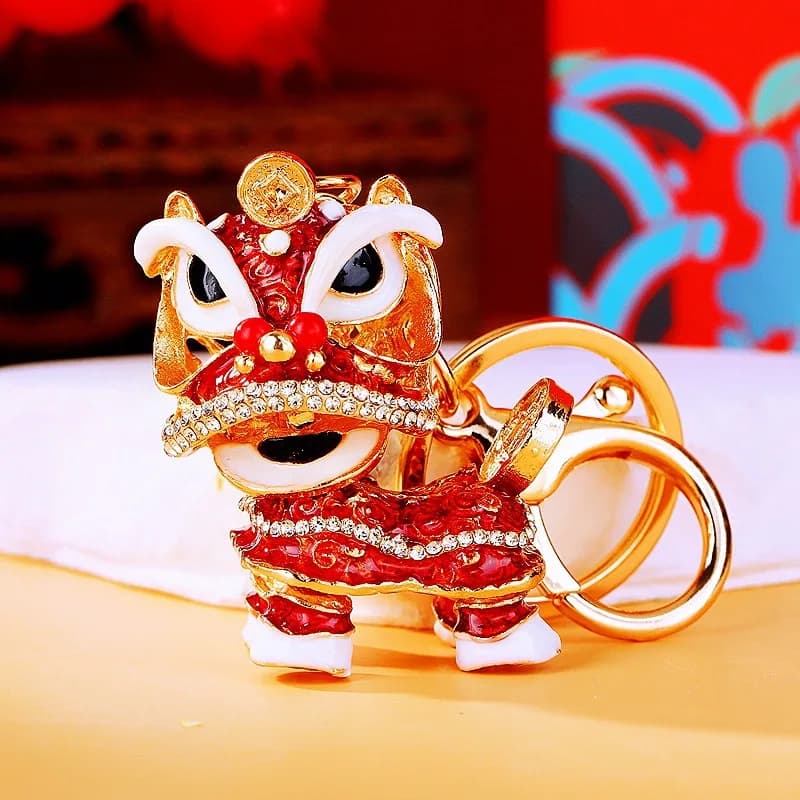 Portachiavi Creativo con Danza del Leone Cinese, Souvenir di Chinatown, Portachiavi in Cristallo Portafortuna, Accessorio per Borse da Donna