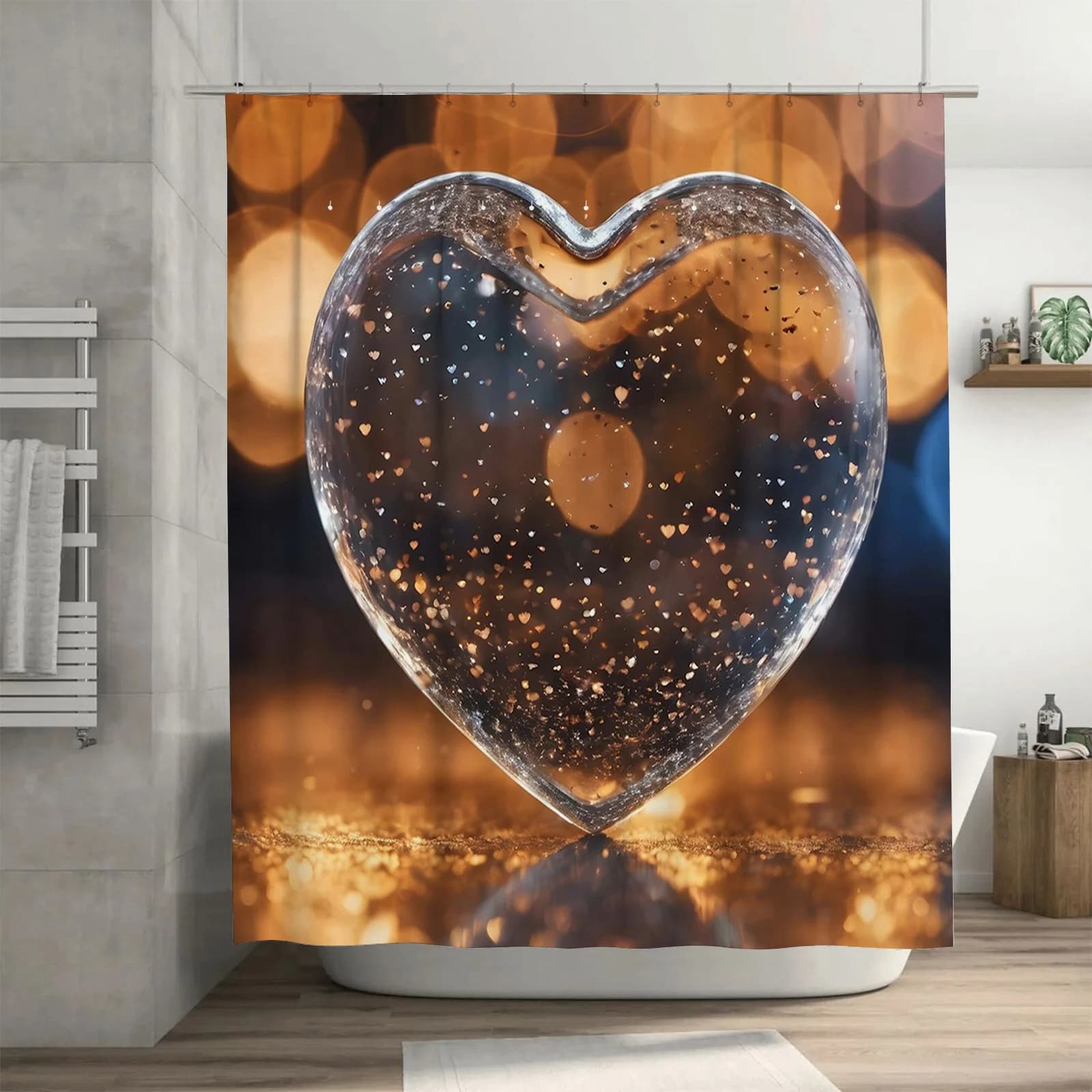 Tenda da doccia con cuore scintillante 3D | Decorazione da bagno romantica ed elegante