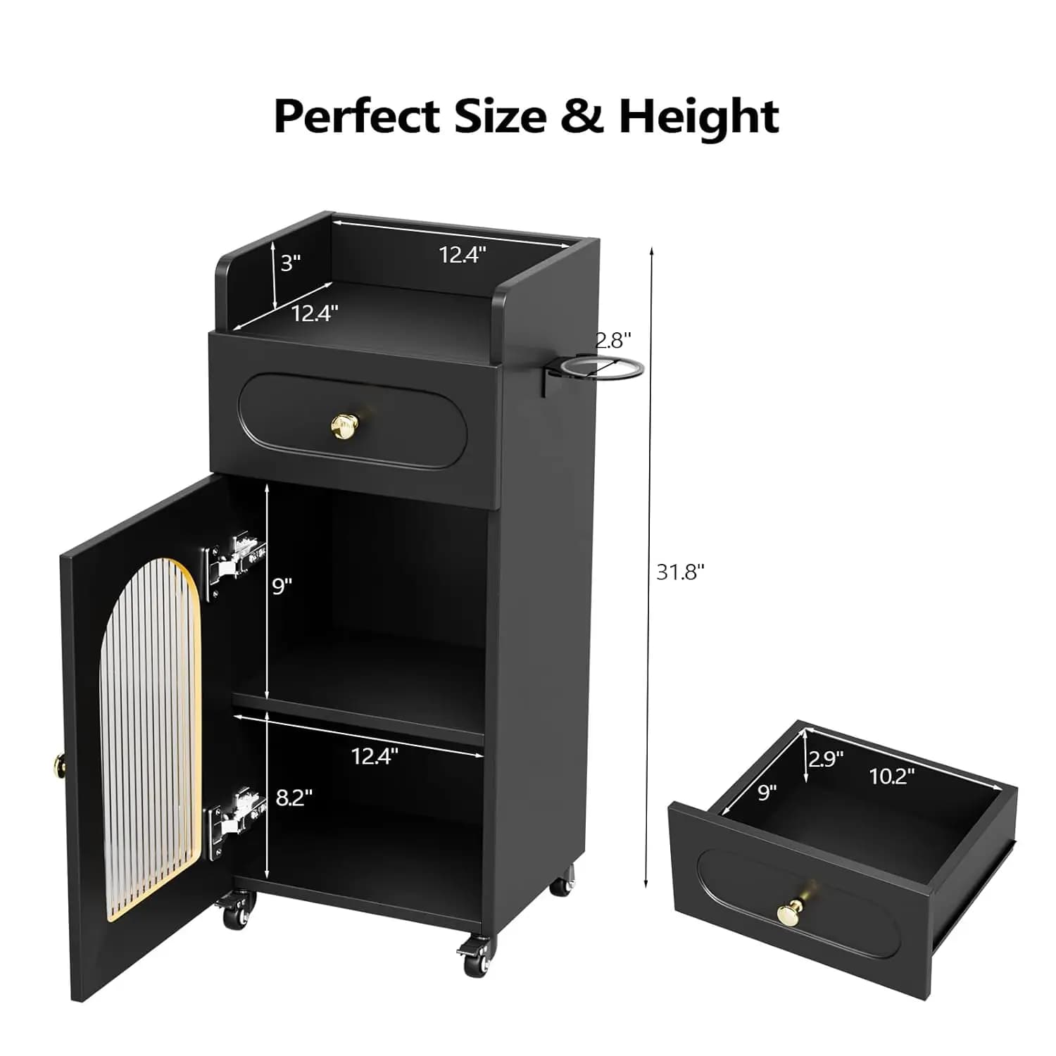 Carrello da Salone a 3 Livelli con Porta in Vetro e Supporto per Asciugacapelli, Postazione Mobile per Parrucchiere, Spa, Unghie, con Scomparti Bloccabili, Personalizzabile