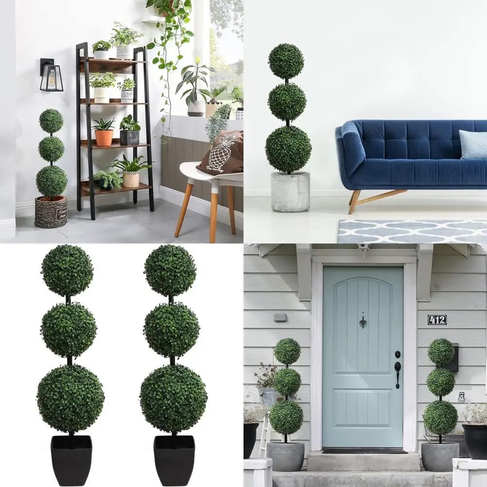 Set di Tre Alberi Topiari a Sfera in Bosso, Piante Decorative in Vaso per Interni ed Esterni, Altezza 40 cm