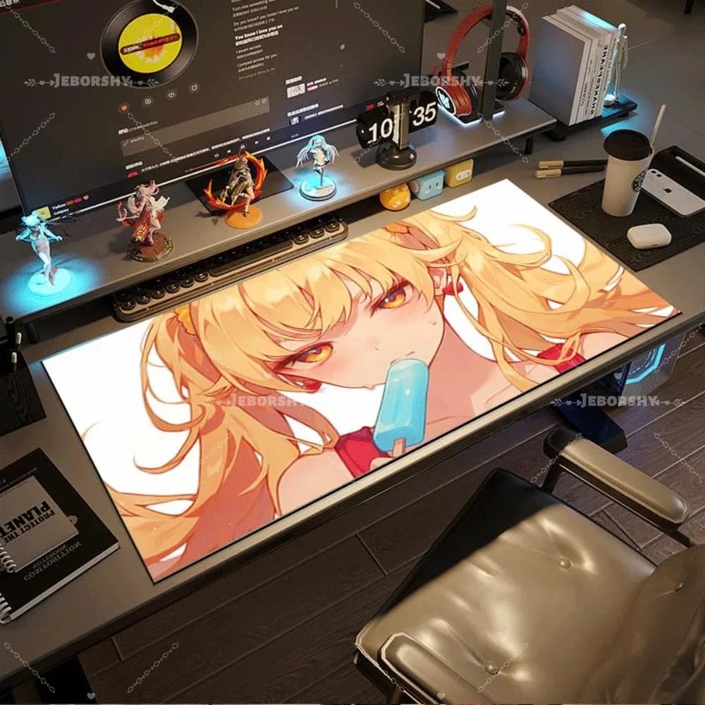 Simpatico tappetino per mouse grande con ragazza anime bionda, tappetino da scrivania in gomma antiscivolo per laptop da ufficio e gaming