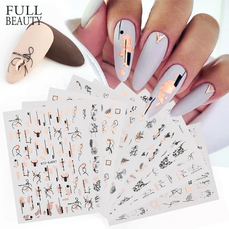 9 pezzi di adesivi per unghie set disegni misti laser olografico 3D strisce astratte linea foglia primavera estate decalcomanie decorazioni per manicure