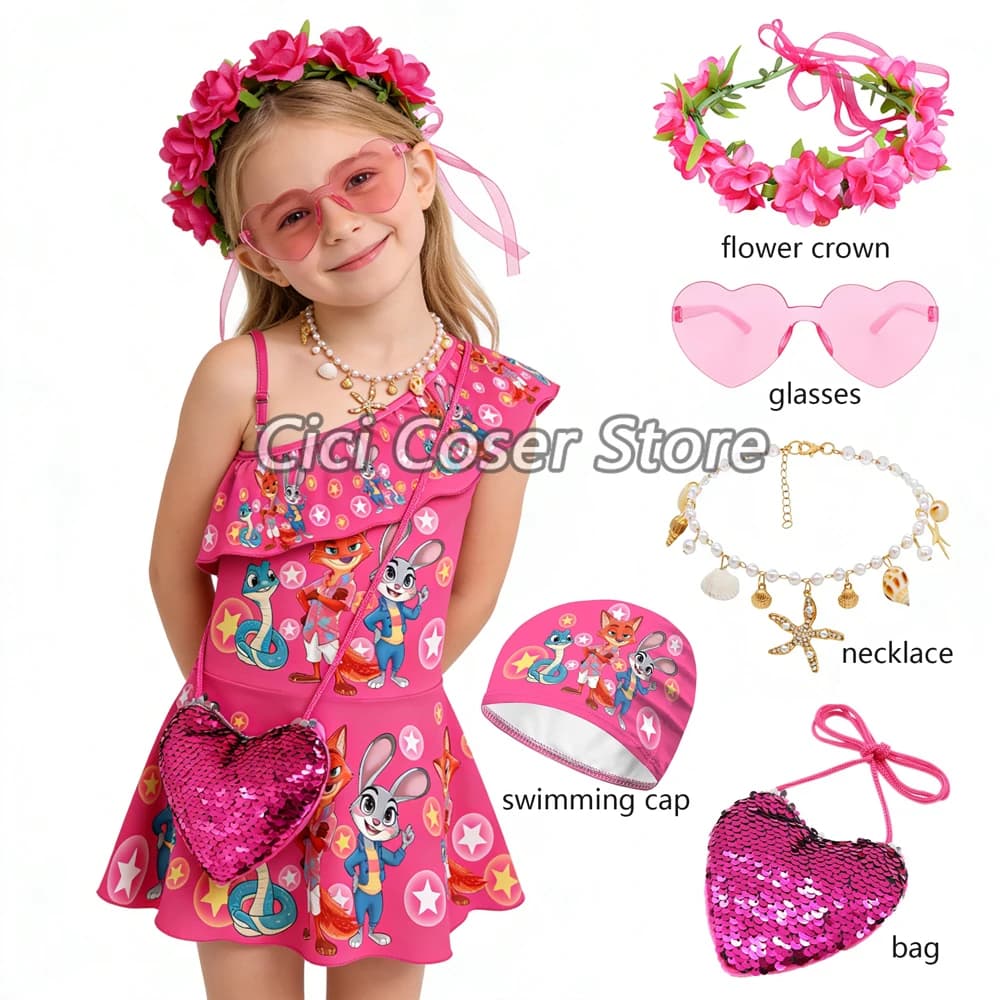 Judy Fox Nick swimsuit for cosplay, anime print and cartoons, for summer and beach holidays, for heights of 90-150 cm