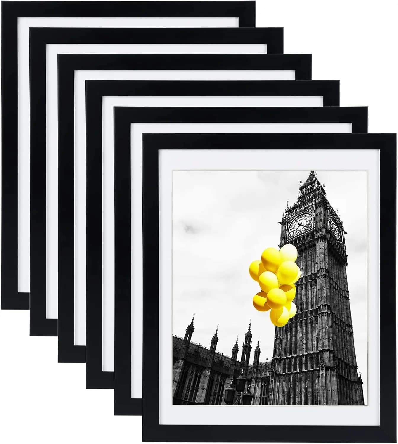 Set di 6 Cornici 12x16 con Plexiglass per Foto 11x14 con Passepartout o 12x16 Senza Passepartout, Nero