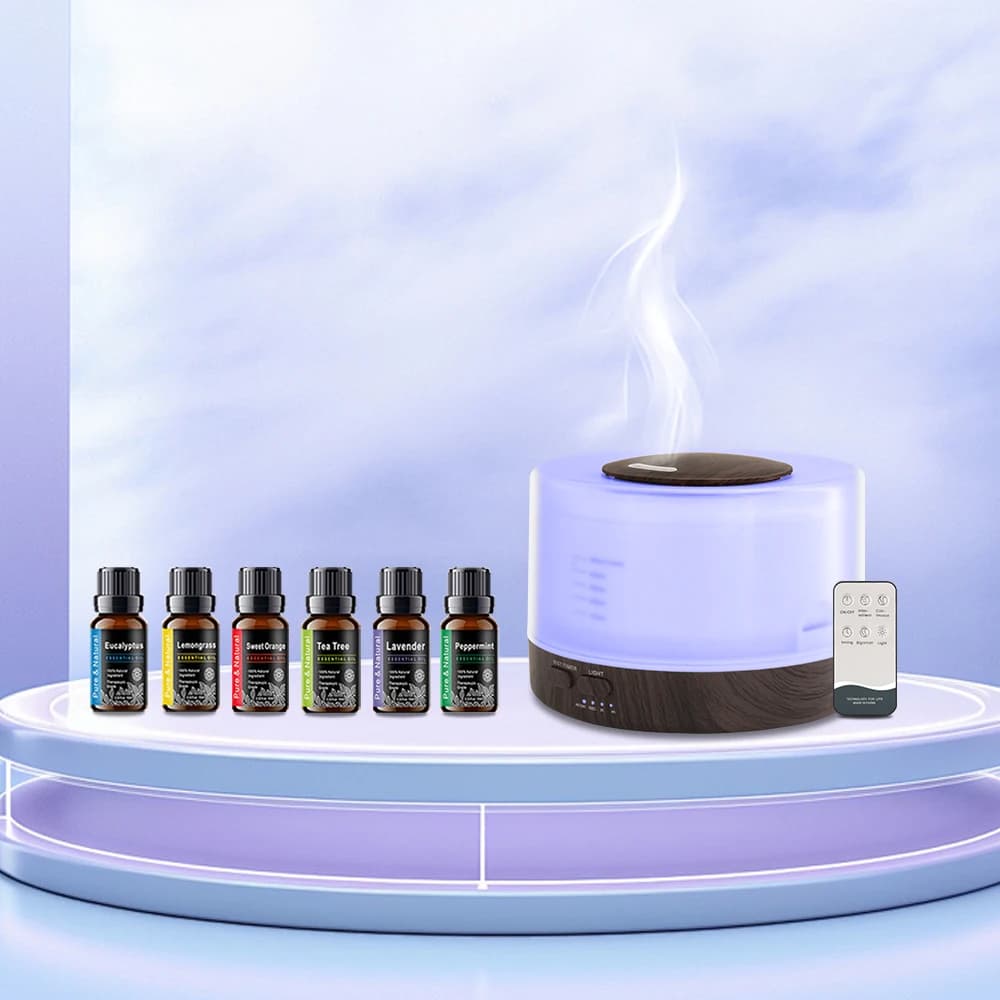 Diffusore di oli aromatici ad ultrasuoni 5 in 1 + set di umidificazione da 6 oli timer 7 colori LED Sicurezza automatica