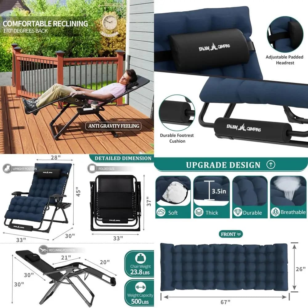 Poltrona reclinabile da giardino XXL 33 Zero Gravity con cuscino, blu navy, supporta fino a 227 kg, include cuscini, portabicchieri e poggiapiedi