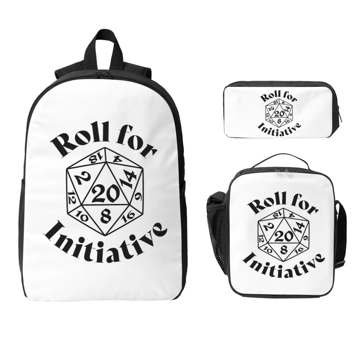 Zaino da gioco D&D Roll For Initiative, Borsa per libri da studente, Borsa a tracolla per computer, Set 3 pezzi: Borsa termica per il pranzo, Astuccio