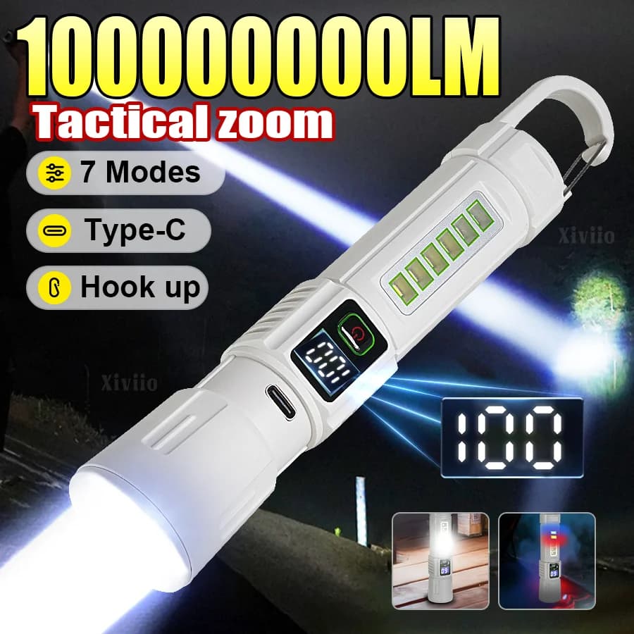 Potenti Torce Laser Bianche 100.000.000 Lumen, Telescopiche e Zoomabili, Lampada Tattica Portatile a Lungo Raggio per Campeggio con Gancio