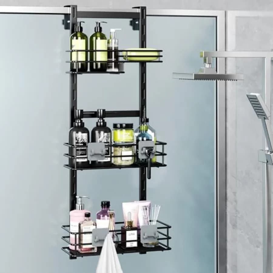 Organizer da Doccia Sopra la Porta Regolabile a 3 Livelli Nero, Mensola Appendibile per Bagno Antiruggine con 4 Ganci, Cesto Doccia con Ripiani