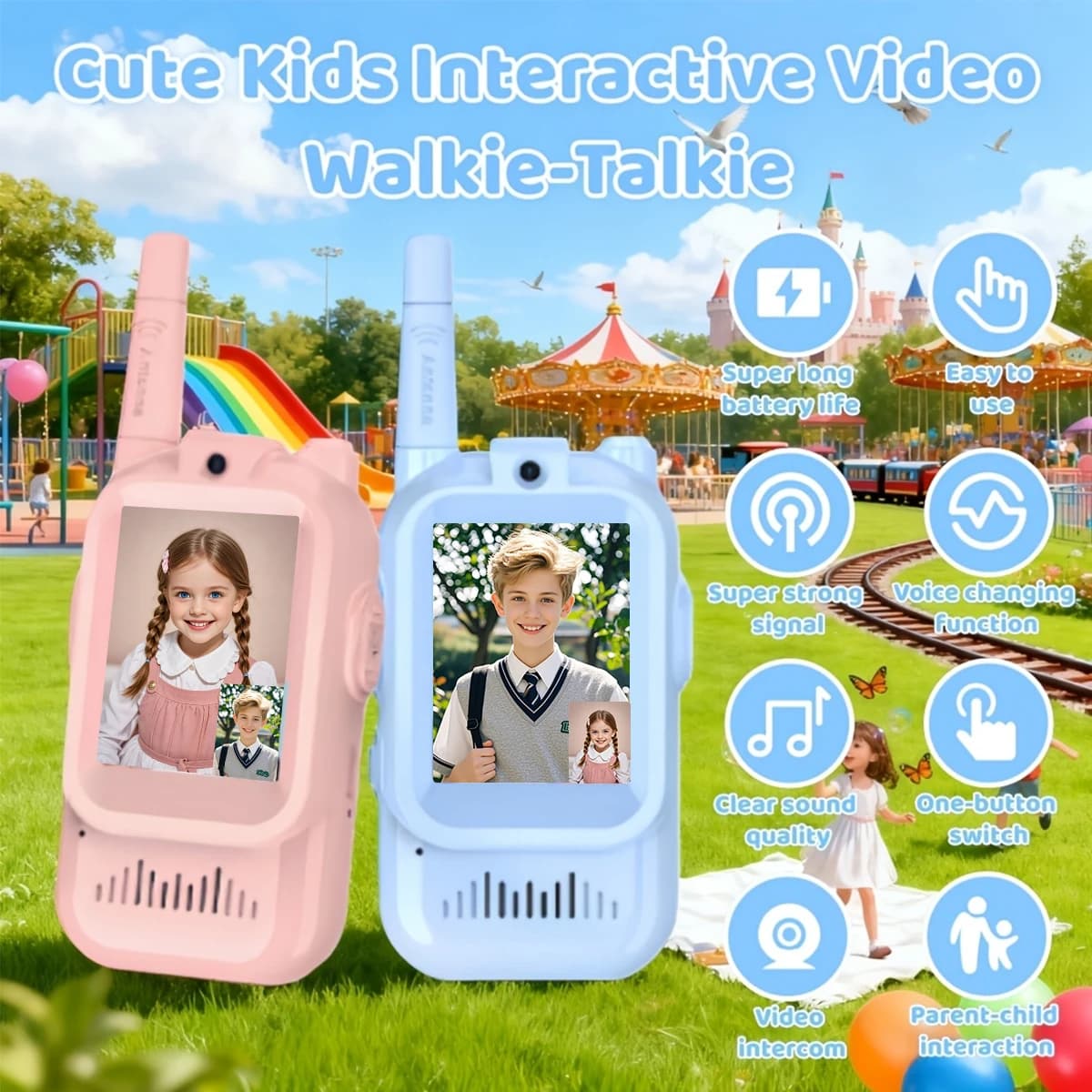 2 walkie-talkie video per bambini con schermo HD da 2 pollici, giocattoli ricaricabili per viaggi in campeggio, regali di compleanno per bambini dai 3 ai 12 anni
