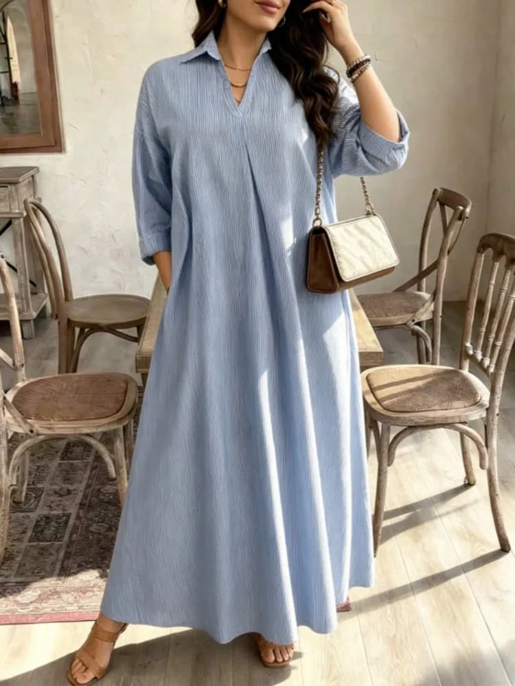 Abito chemisier a righe da donna, estivo 2025, casual, ampio, lungo, maxi, con maniche a 3/4, scollo a V, risvolto, con tasche, elegante