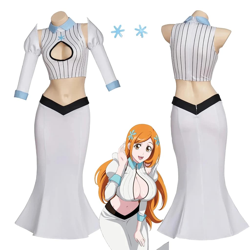 Costume Cosplay Anime Bleach Orihime Inoue, Camicia Bianca Sexy con Gonna, Abito da Ballo per Donne, Halloween e Feste in Maschera