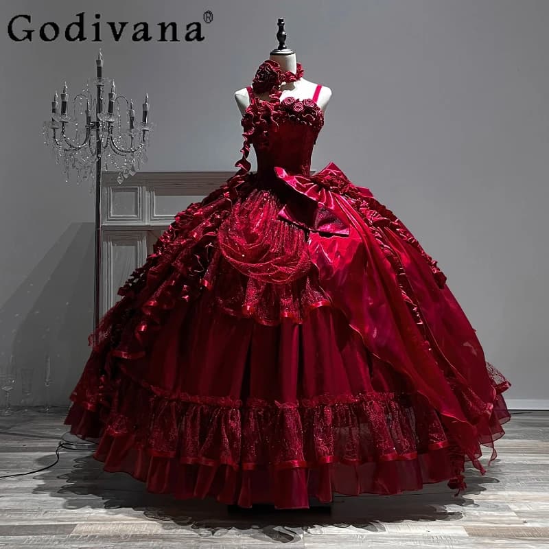 Abito lungo da sposa Lolita bordeaux originale Abito da sera con bretelle per industria pesante a lisca di pesce slim fit da donna Abito da principessa Jsk