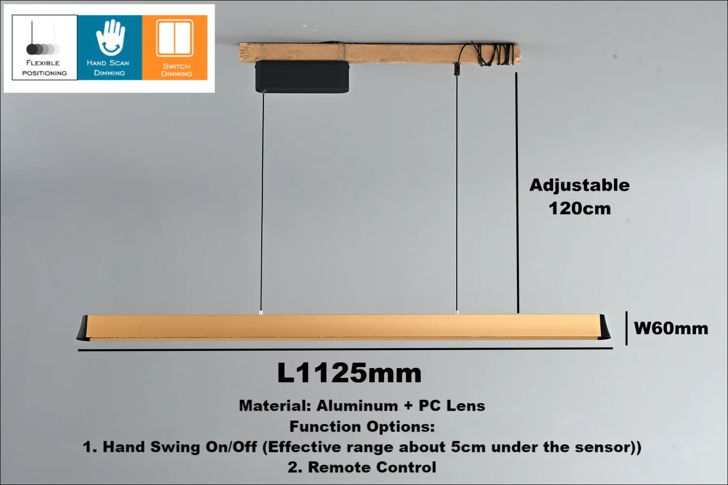 Lampada a sospensione moderna a LED da 1,2 m Lampada a sospensione a sospensione a striscia lunga in alluminio minimalista con barra regolabile con luminosità del sensore manuale