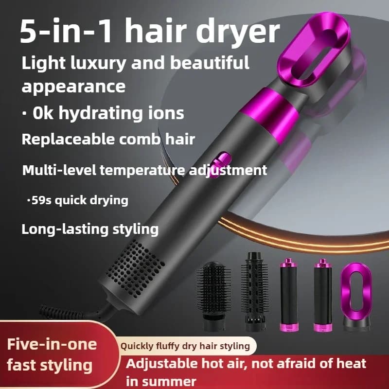 Asciugacapelli 5-in-1 800W Multifunzione, Piastra per Capelli Elettrica, Ferro Arricciacapelli Automatico 3-in-1, Asciugacapelli con 3 Impostazioni EU US UK