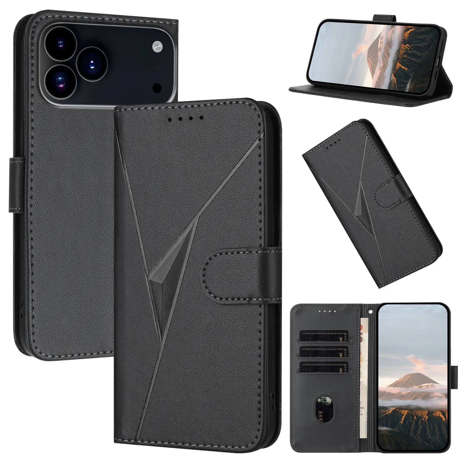 Custodia a Portafoglio 3D a Triangolo per iPhone 17 Pro Max, Compatibile con iPhone 17 Air, 16E, 17, 16, 15, 14, 13, 12, 11 Pro Max, Plus, Mini, con Slot per Carte