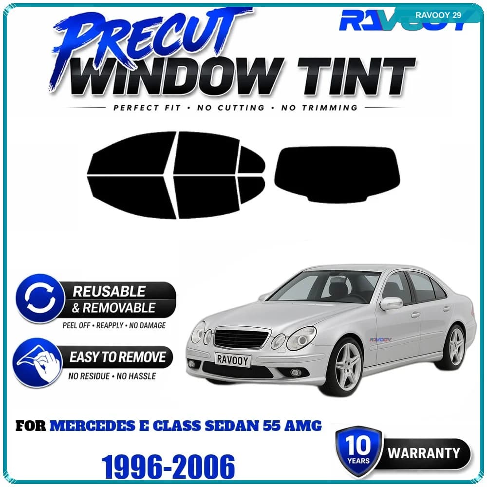 Precut Window Tint, Reusable Removable EPU Film, Custom Fit for Mercedes E Class Sedan 55 AMG 1996-2006, UV Heat Protection