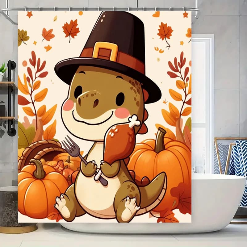 Tenda da doccia per il Ringraziamento Foglie autunnali Zucca Turchia Stampa di cartoni animati Decorazione per il bagno Tessuto impermeabile neutro