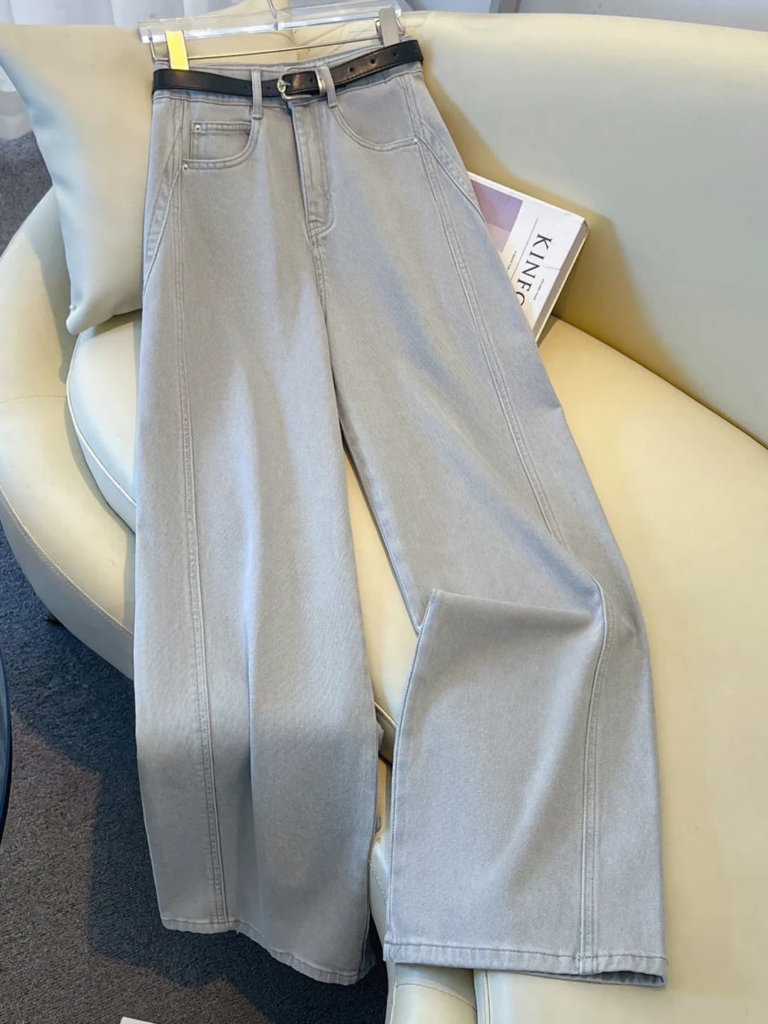 High Waist Straight Leg Grey Jeans Women's Loose Slimming Wide Leg Pants Spring 2026 Fashion Cotton Stretch Denim Trousers