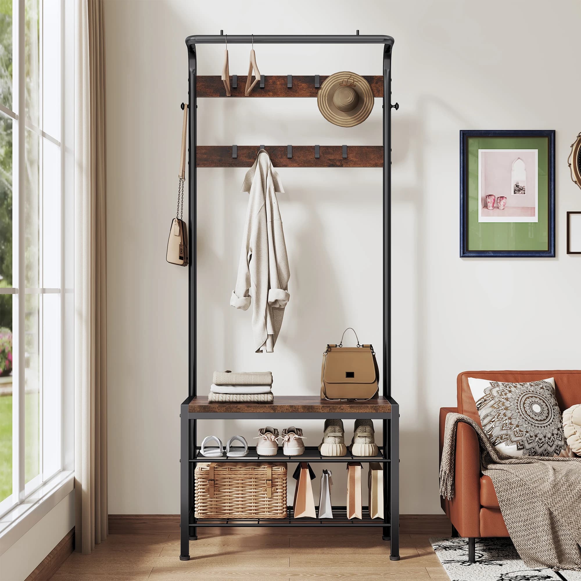 MCQ 28IN Coat Rack With2-Tier Shoe Rack 5-in-1 Entryway Storage Organizer with Top Hanging Rod 10 Movable Hooks Side Hooks Bench For Home Living Room