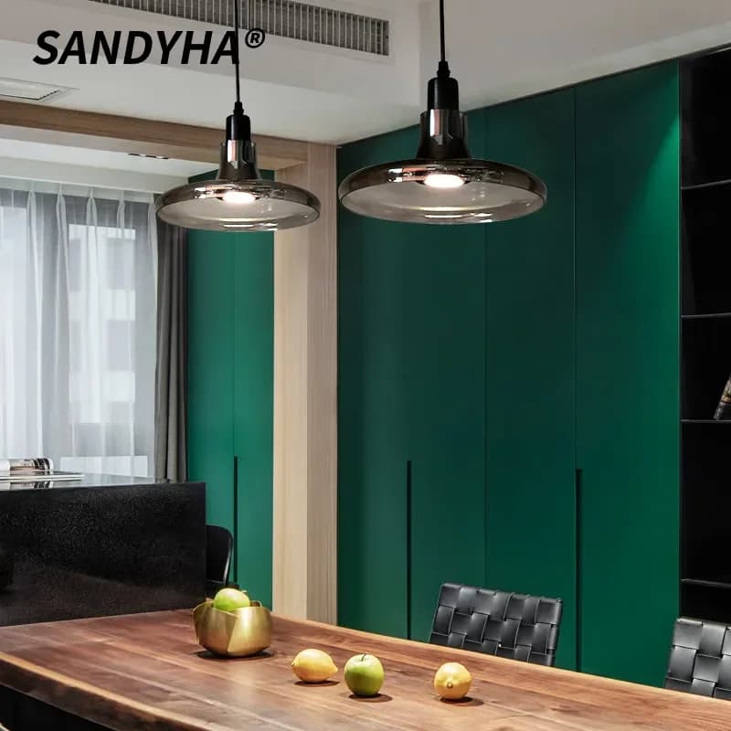 SANDYHAF Lampada a sospensione di arte nordica Ombra di vetro Barra luminosa a LED Sala da pranzo Lampadario piccolo a testa singola Apparecchio di illuminazione decorativa