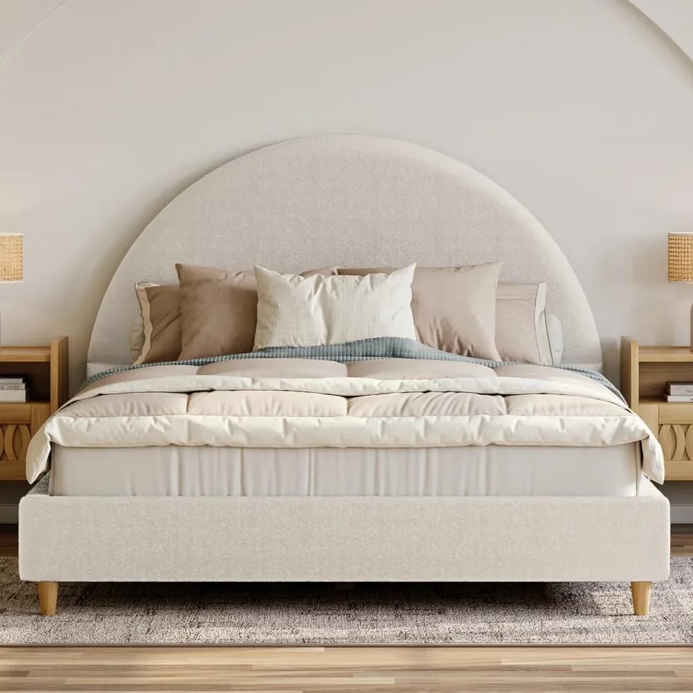 Letto Boucle Cloud Queen Size con Testiera ad Arco, Gambe in Legno Massello, Stile Moderno Boho, Senza Box
