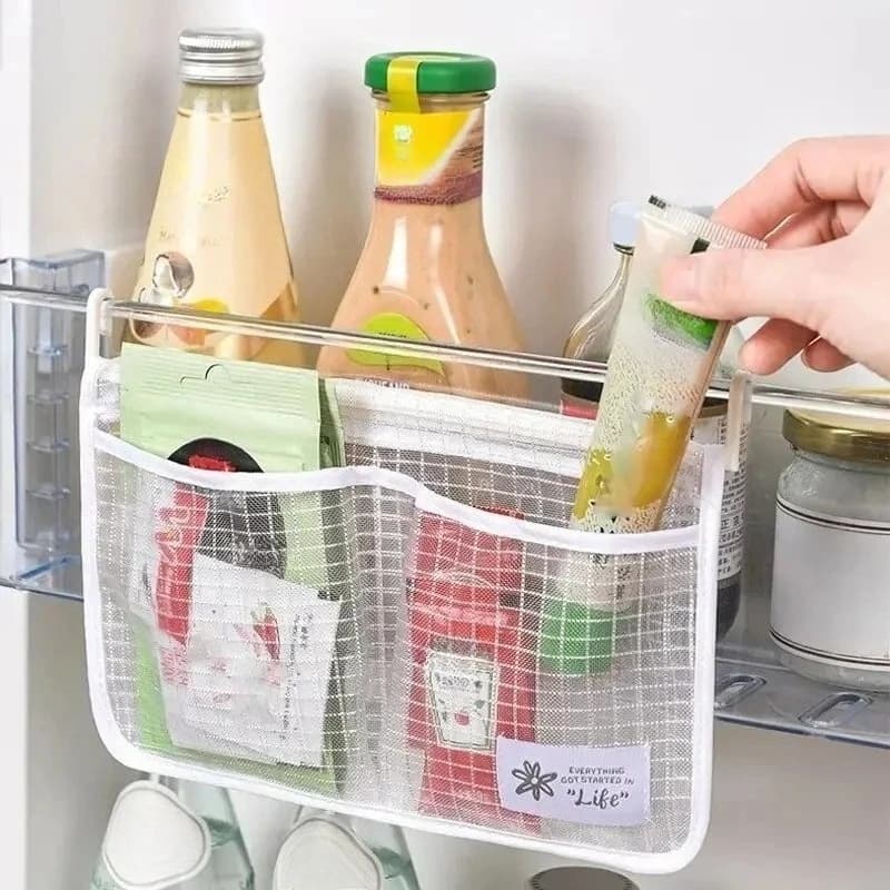 Borsa a rete portaoggetti per frigorifero, doppio scomparto, organizer in rete sospesa per pacchetti di salsa, spezie, dispensa da cucina