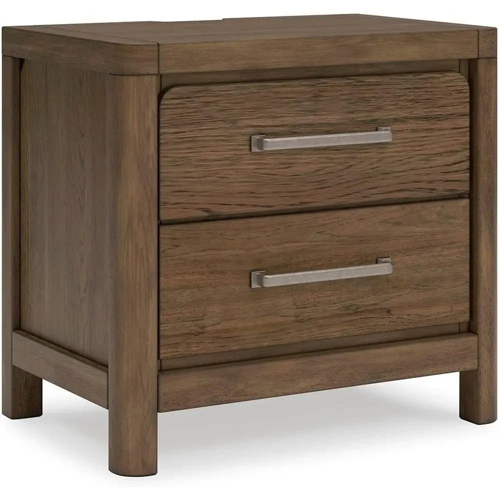 2 Drawer Nightstand with Power and USB, Wood & Hickory Veneer, Pewter Handles, 26.88H, Light Brown