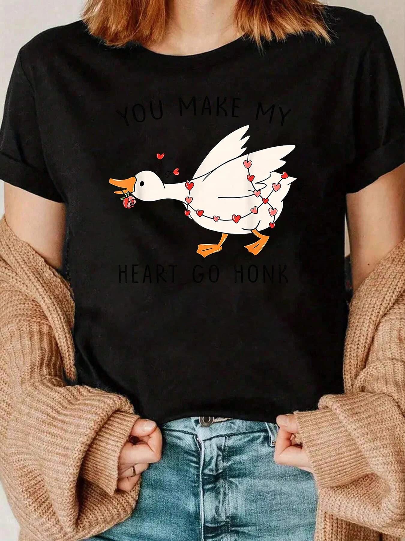 Maglietta di San Valentino con stampa Duck Heart Go Honk Abbigliamento casual da donna 220g