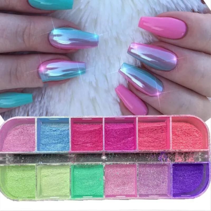 12 griglie/scatola glitter per unghie effetto specchio colorato luccichio sirena polvere di perle polvere di pigmenti cromati smalto glitter fine decorazione per unghie