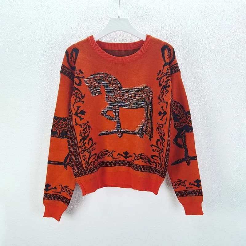 Maglione Pullover Lavorato a Maglia Autunno Inverno con Motivo Cavallo e Strass, Top da Donna, Cappotto di Lusso Firmato, Moda Vintage Y2k