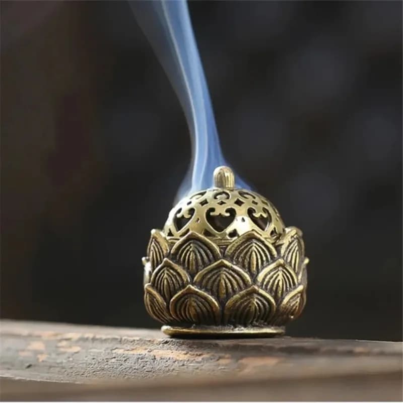 Retro Rame Lotus Pocket Scava Fuori Bastoncini di Incenso Bruciatore Porta Incenso in Ottone con Copertura Legno di Sandalo Censo Buddismo Decorazioni per la Casa