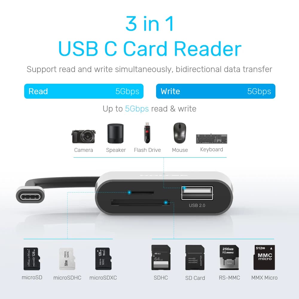 Lettore di Schede 3 in 1 USB C a SD e Micro SD con Porta USB 2.0, Adattatore in Lega di Alluminio Plug & Play per Laptop e PC