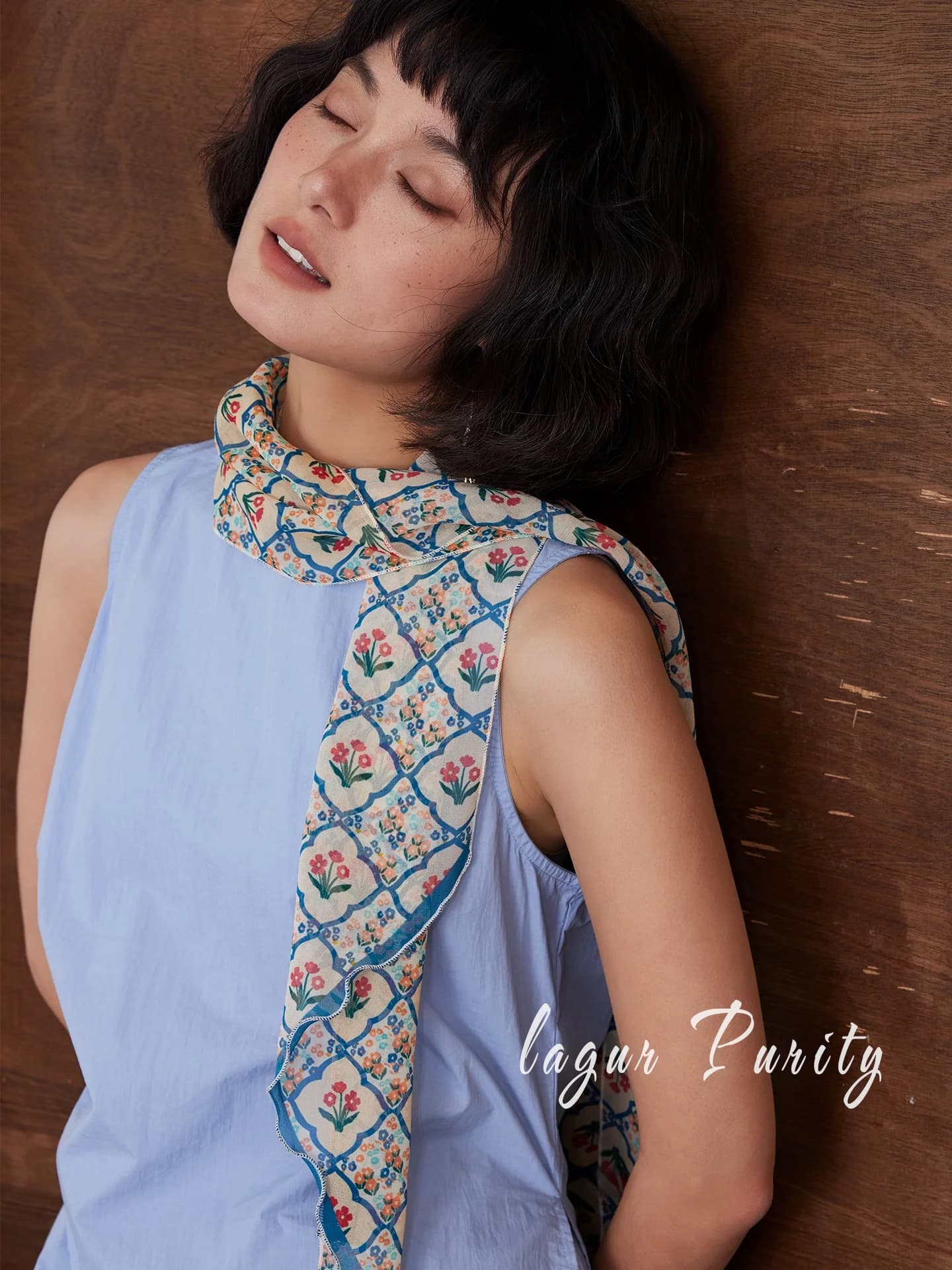 Silk Scarf Long Thin Summer Women's Necktie Waist Belt Blue Enough Ethnic Style Floral Print Decorative Scarf for Middle-Aged