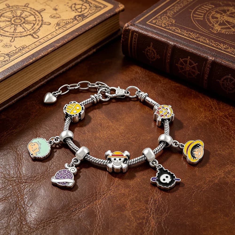 One Piece Inspired DIY Charm Bracelet Silver Plated with Luffy, Zoro, Brook & Thousand Sunny Themed Charms