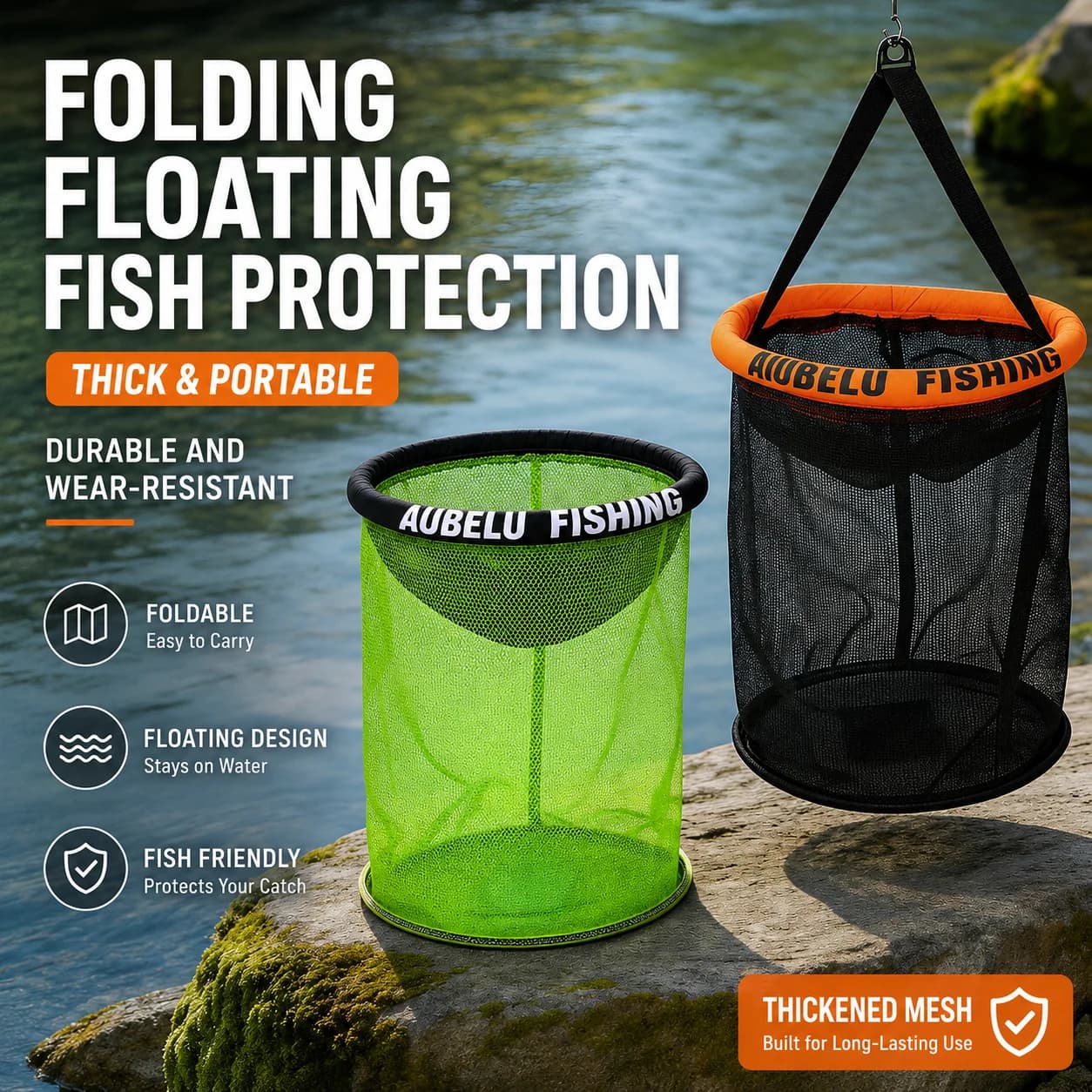 Floating Fish Basket Foldable Fishing Keep Net Portable Live Bait Storage Cage with Rope for Freshwater Fishing
