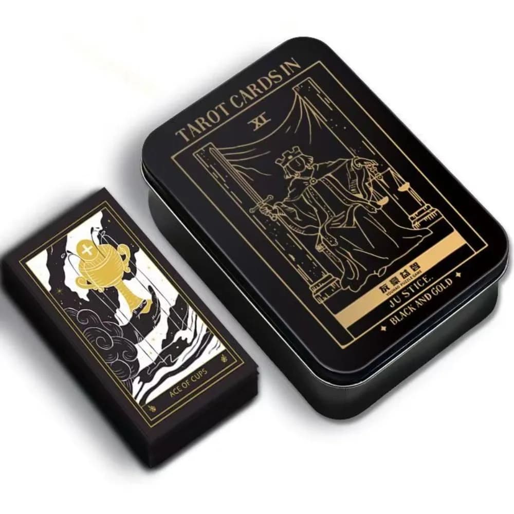 Mystic Noir Elegante Mazzo di Tarocchi Nero e Oro, Set Completo di 78 Carte in Scatola di Metallo, Formato da Viaggio 10*6cm per Saggezza e Guida