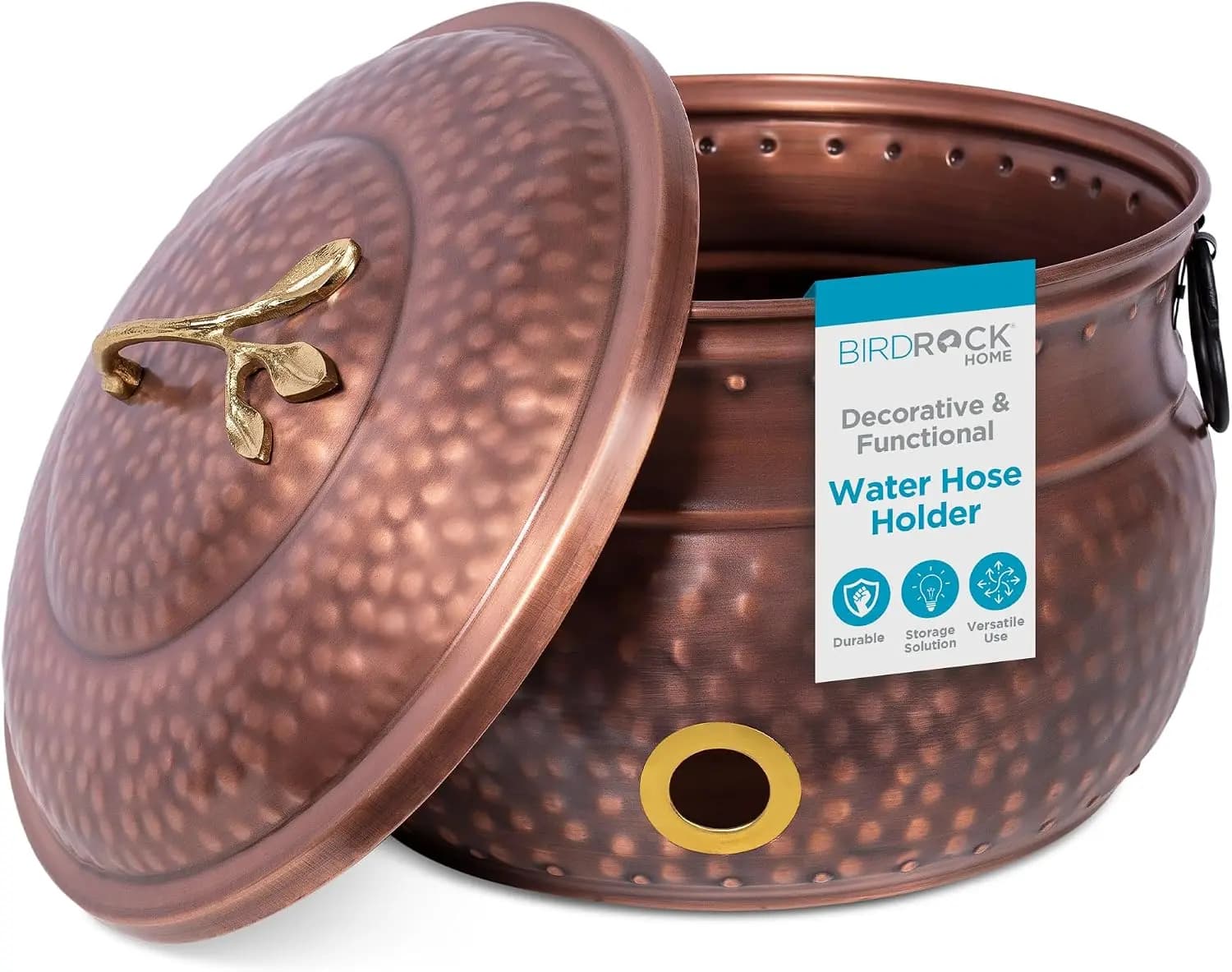 Decorative Water Hose Holder with Lid - 200ft Capacity, Steel Garden Hose Pot for Outdoor Storage
