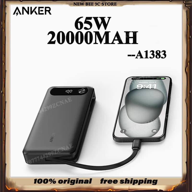 NEW ANKER A1383 65W 20000MAH Power Bank With Data cable High-Power Multi-Port Fast Charging Lightweight Cell Phone Power Bank