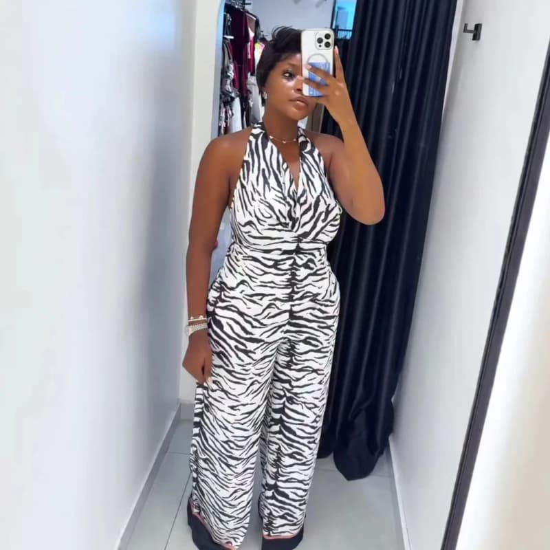 New African Fashion Women Summer Two Piece Set Zebra Stripe Printed Halter Hollow Out Back Blouse Top and Pants Set