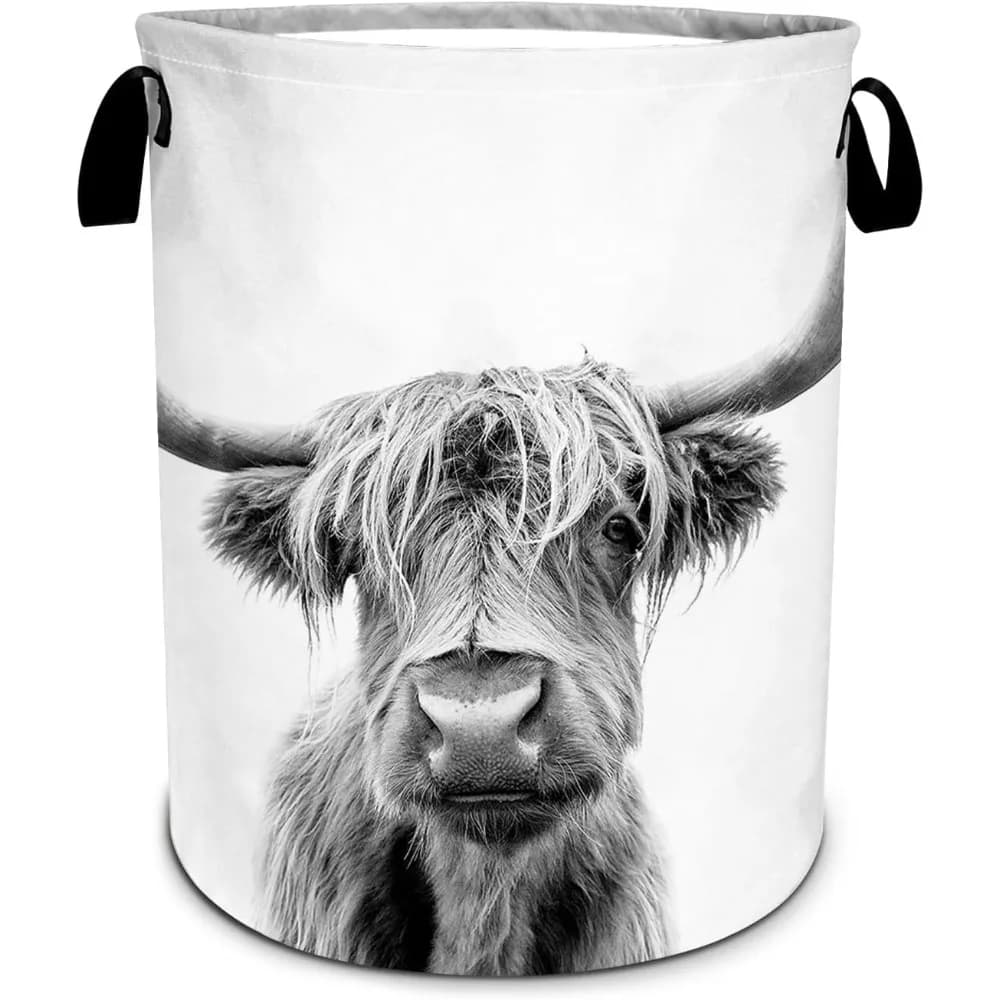Cesto per la biancheria pieghevole in mucca delle Highland grigia, cesto per la biancheria pieghevole, secchiello per riporre i giocattoli, per bagno/biancheria/camera da letto