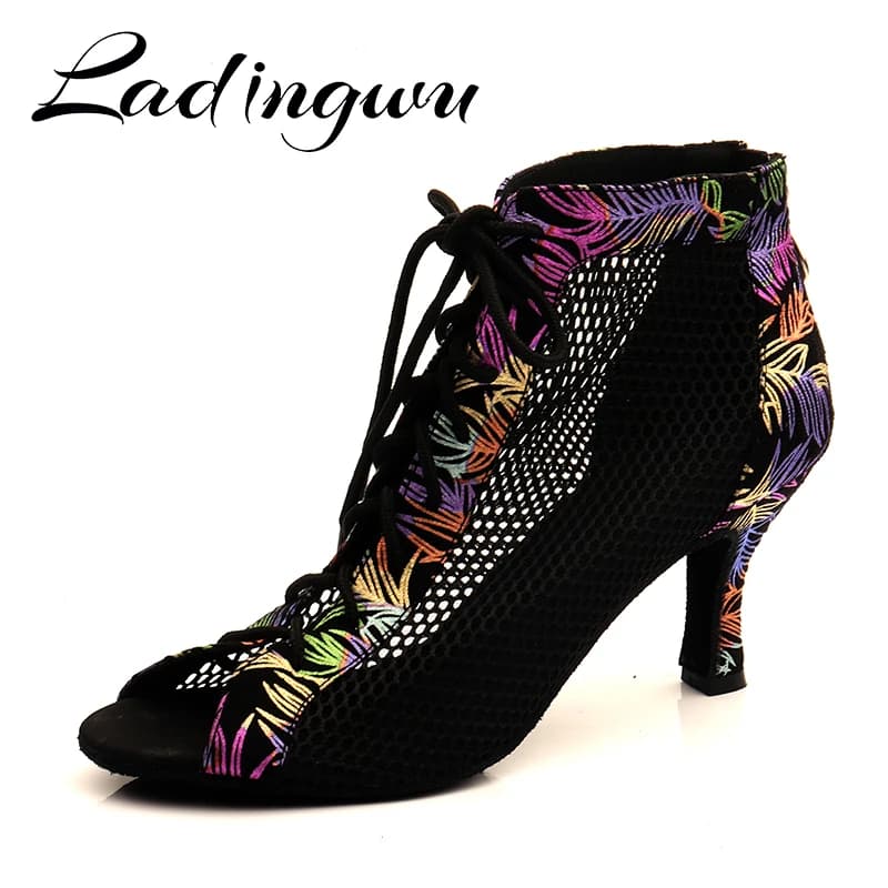 Ladingwu allacciatura stivali in pelle scamosciata e Mesh traspirante fondo morbido scarpe da ballo cerniera sandali da donna Salsa latina scarpe da ballo Low-heele