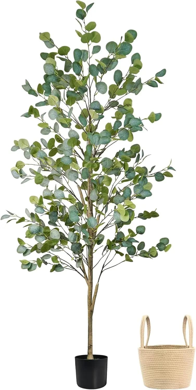 6 Foot Artificial Eucalyptus Potted Tree Natural Wood Trunk Lush Green Silk Foliage Freestanding Floor Plant For Bedroom Living Room Office Decor