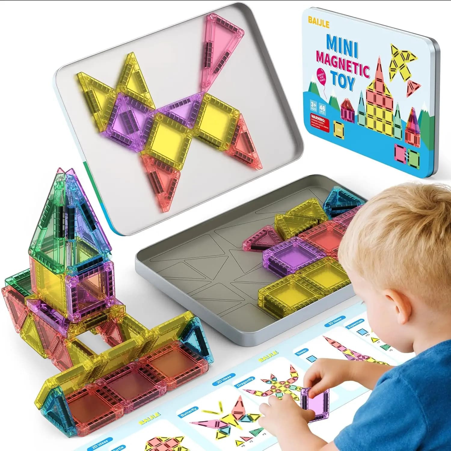 Set di 46 Mini Piastrelle Magnetiche, Kit da Viaggio Portatile con Custodia in Ferro, Giocattoli Creativi per Bambini dai 3 Anni in Su